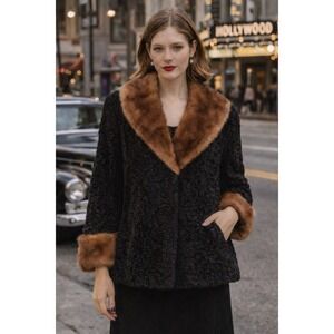 VTG Harris Furs Persian Lamb Swing Jacket Fur Collar Cuffs Hollywood Glam M